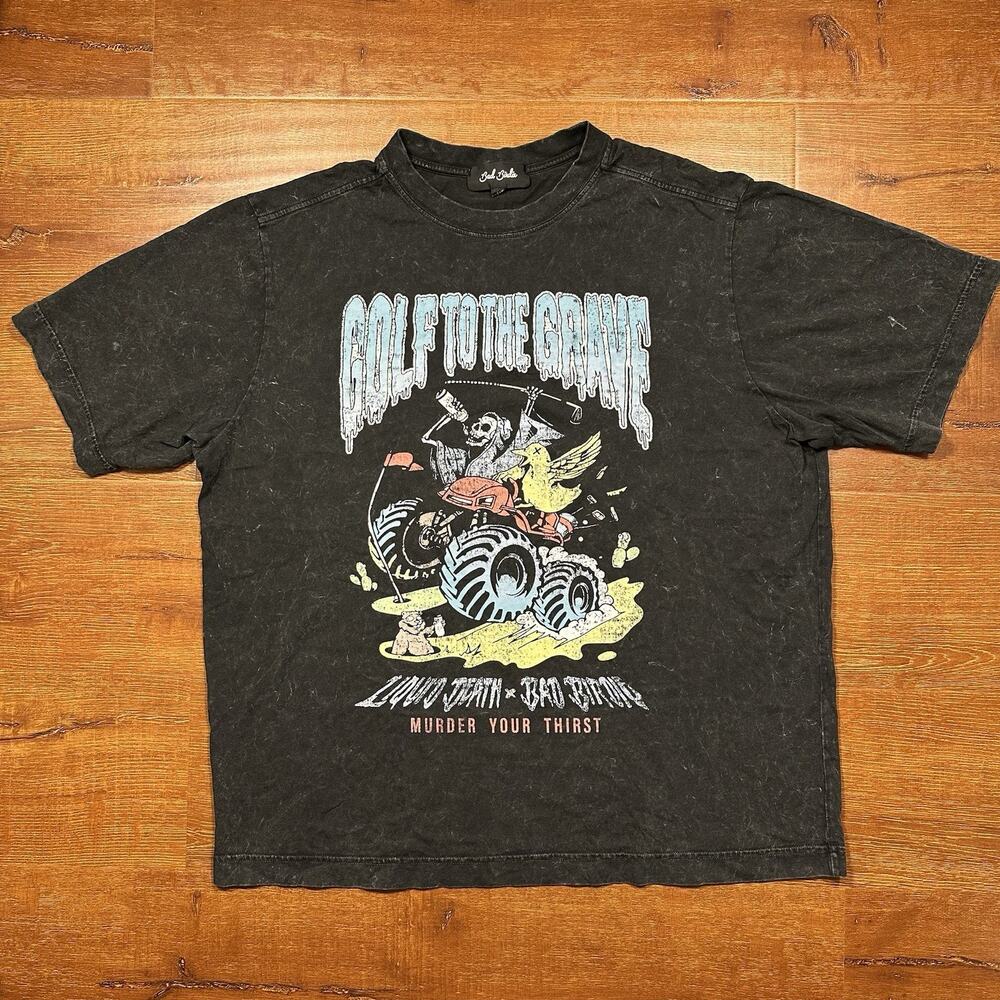 Bad Birdie x Liquid Death T Shirt Mens XL Black Acid Wash Golf To The Grave City